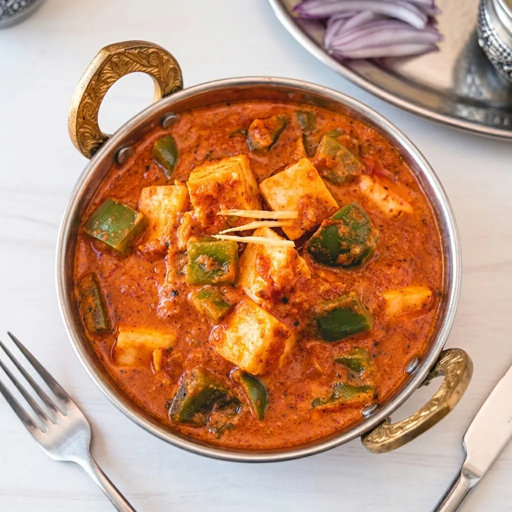 Vegetarian kadhai paneer with peppers and fresh naan at Spicy Mahal Edmonton