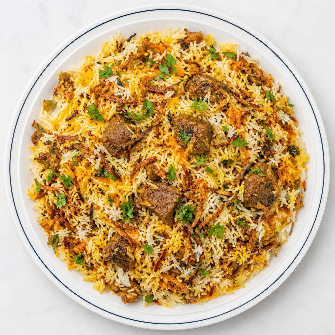 Lamb biryani with basmati rice and fried onions at Spicy Mahal near Manning Drive Edmonton