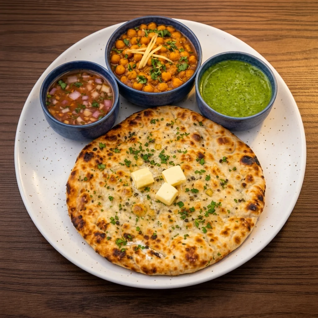 Amritsari kulcha with chana at Spicy Mahal, vegetarian Punjabi food in Edmonton, AB
