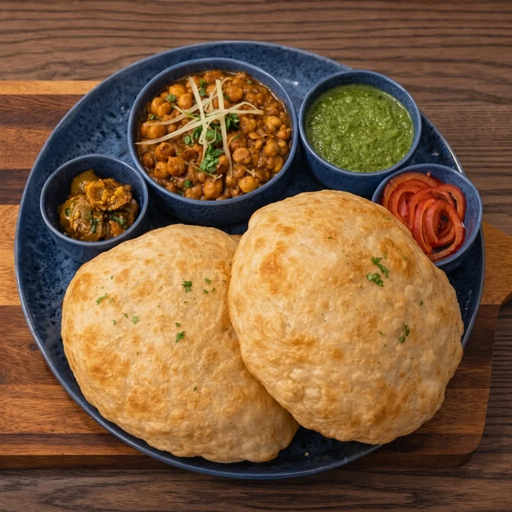 Stuffed chole bhature with spiced chickpeas at Spicy Mahal near Clareview in Edmonton, AB