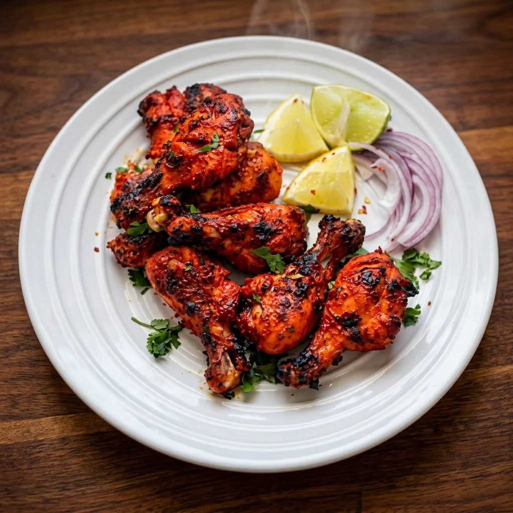 Tandoori chicken grilled in the clay oven at Spicy Mahal, halal Indian restaurant in Edmonton, AB